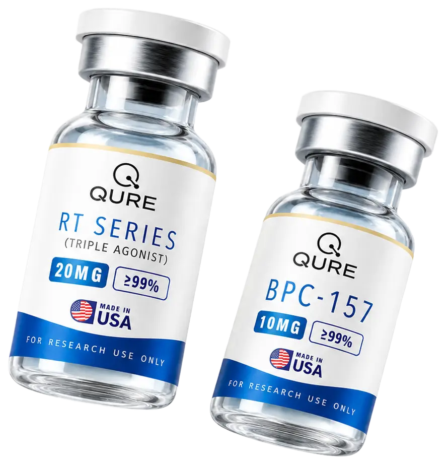 QURE RT Series and BPC-157 research compound bottles